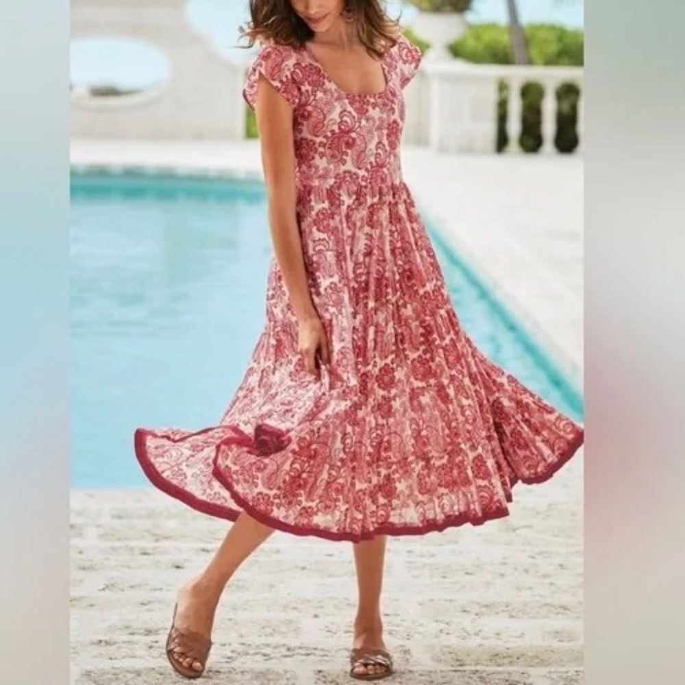 Soft Surroundings La Pomme M Paisley Cotton Tiered Cap Sleeve Maxi Dress Boho